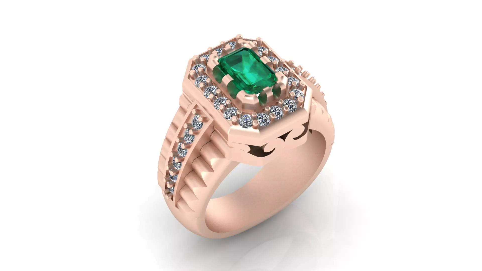 Rose Gold Emerald Gemstone Diamond Halo Statement Ring 3D print model