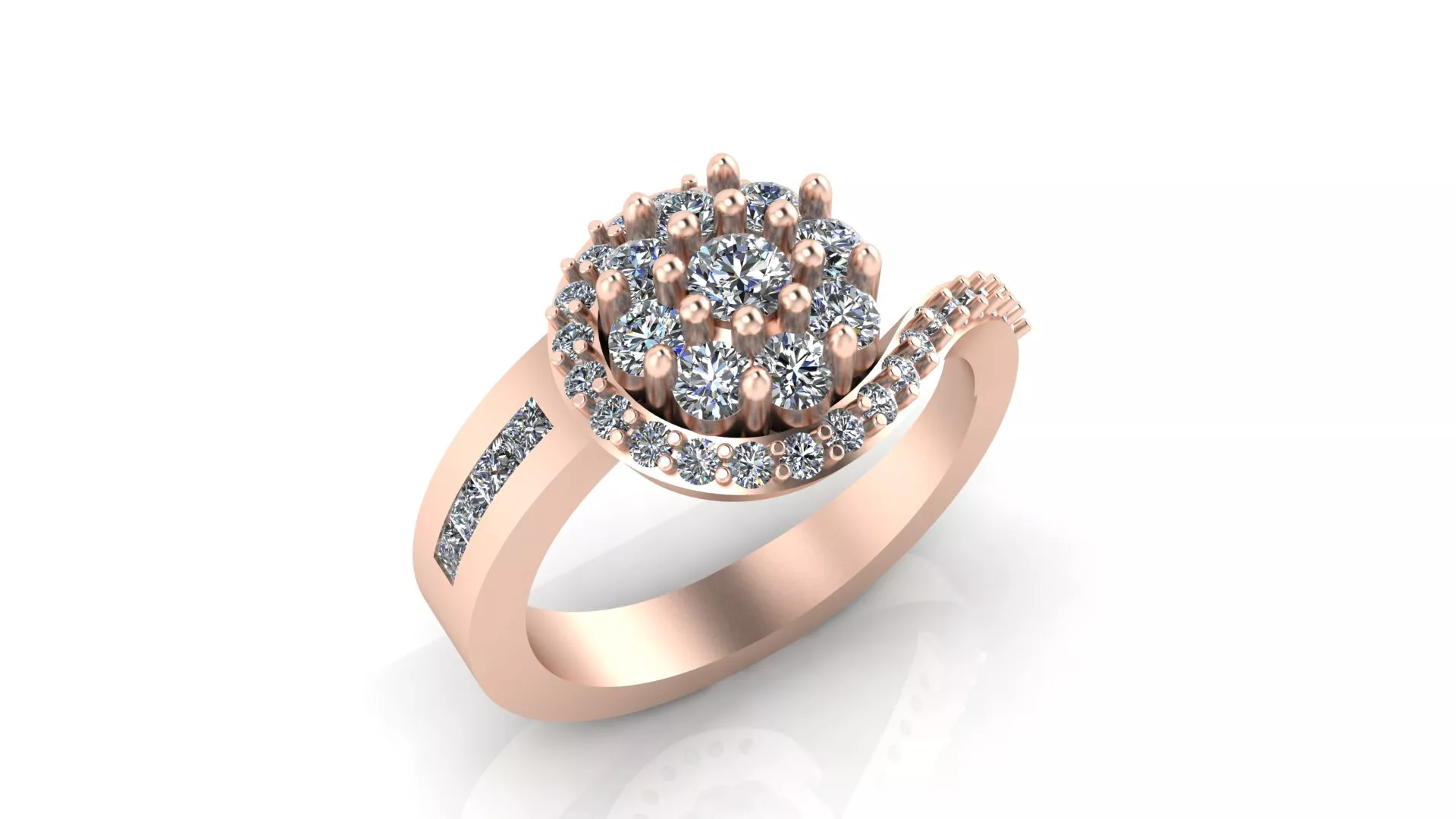 Rose Gold Swirl Diamond Cluster Halo Bypass Ring 3D print model