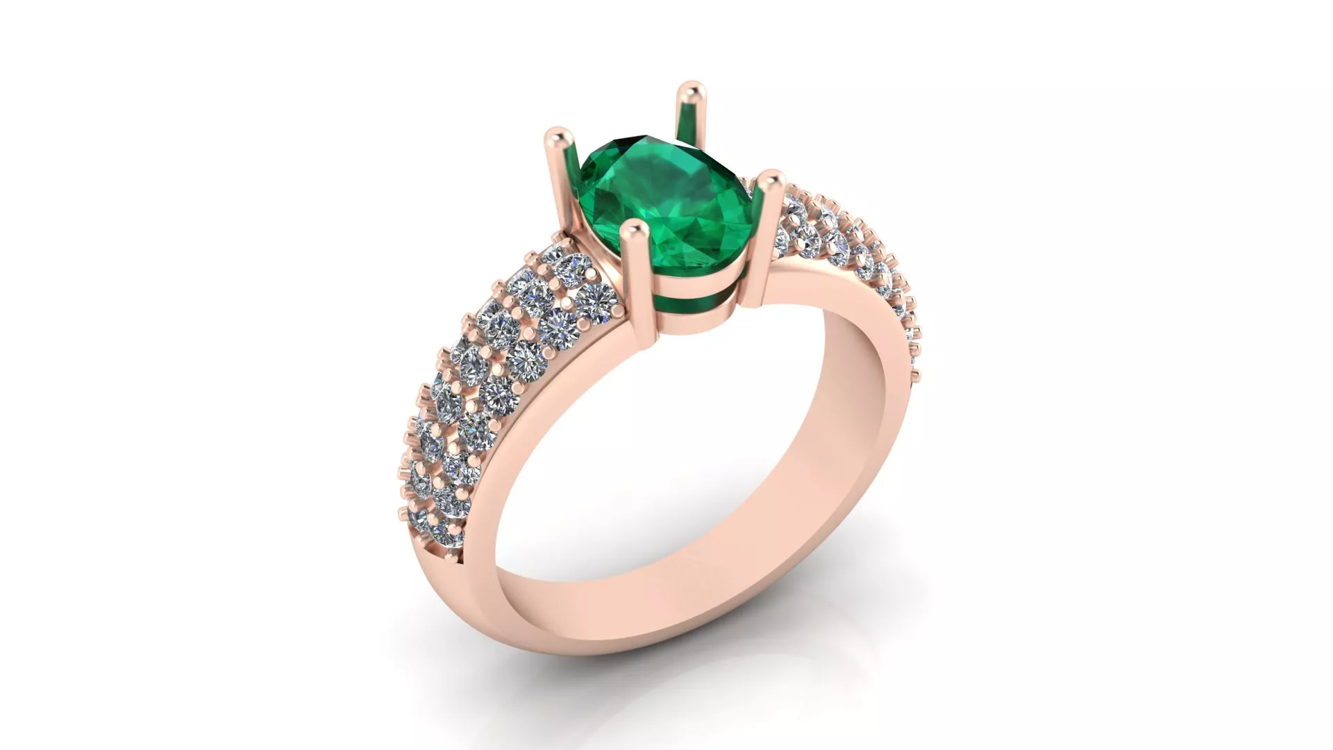 Rose Gold Oval Green Gemstone Triple Row Diamond Ring 3D print model