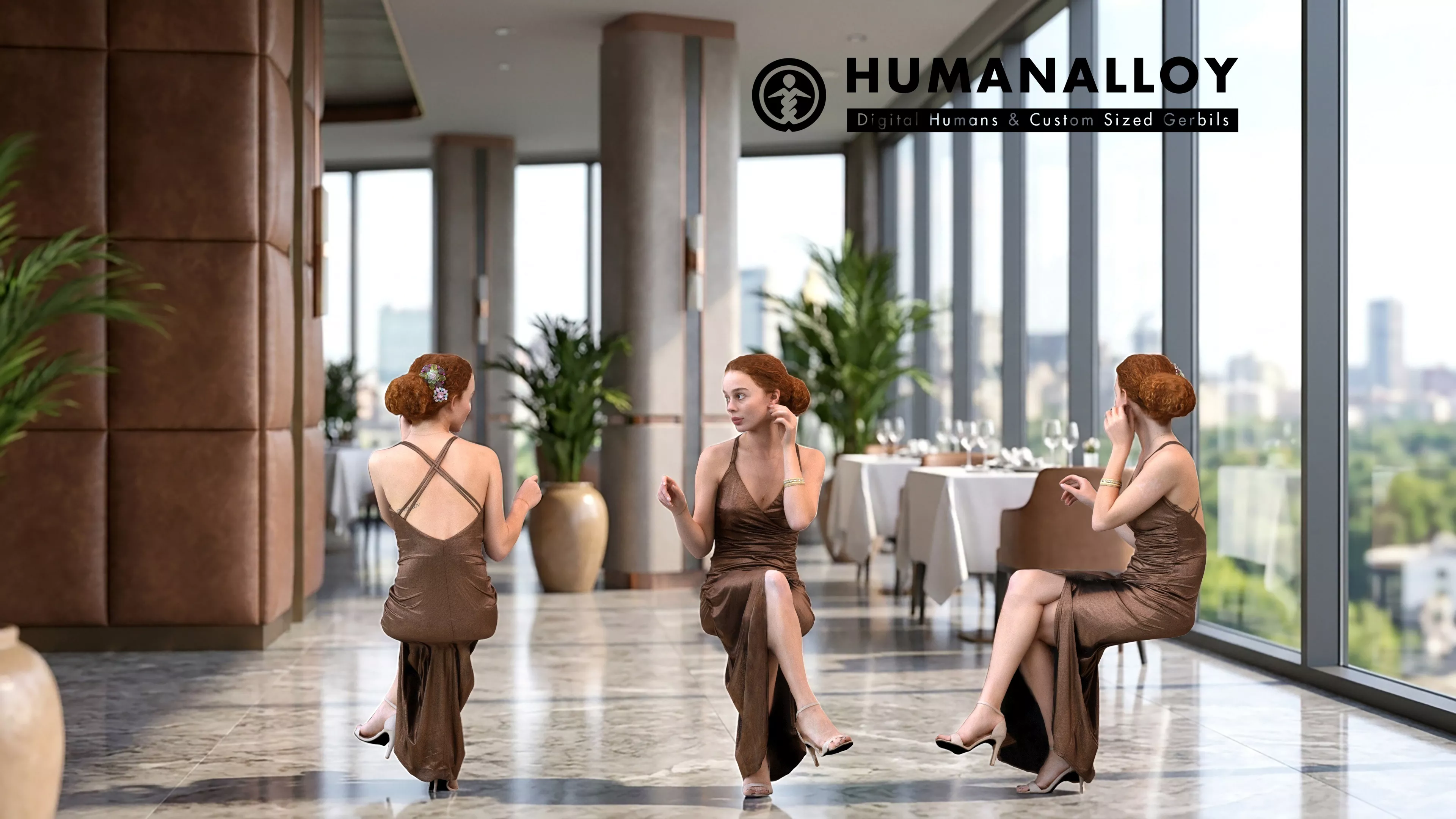 Adult Caucasian woman calling in restaurant wearing formal 3D model