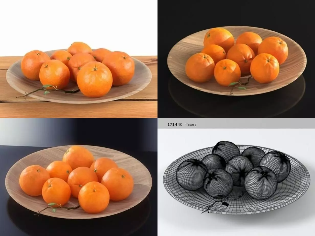 Oranges on wooden plate 3D model_1