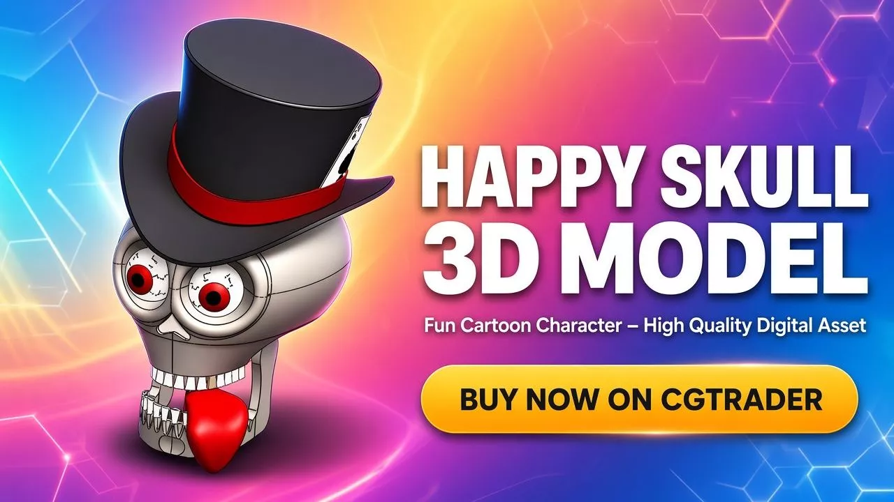 Happy Skull 3D Model Funny Cartoon Character with Top Hat Low-poly 3D model