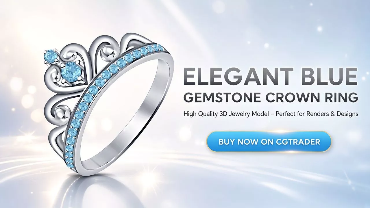 Elegant Blue Gemstone Crown Ring High Quality 3D Jewelry Model Low-poly 3D model
