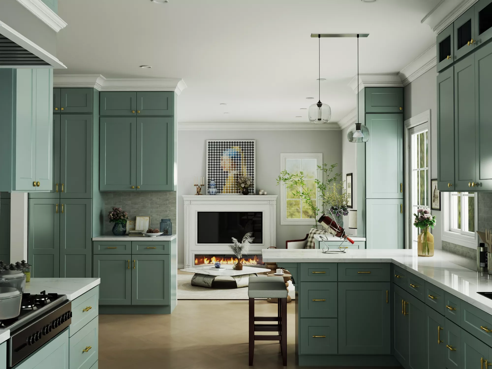Modern Farmhouse Open Kitchen Living Room Scene 3D model