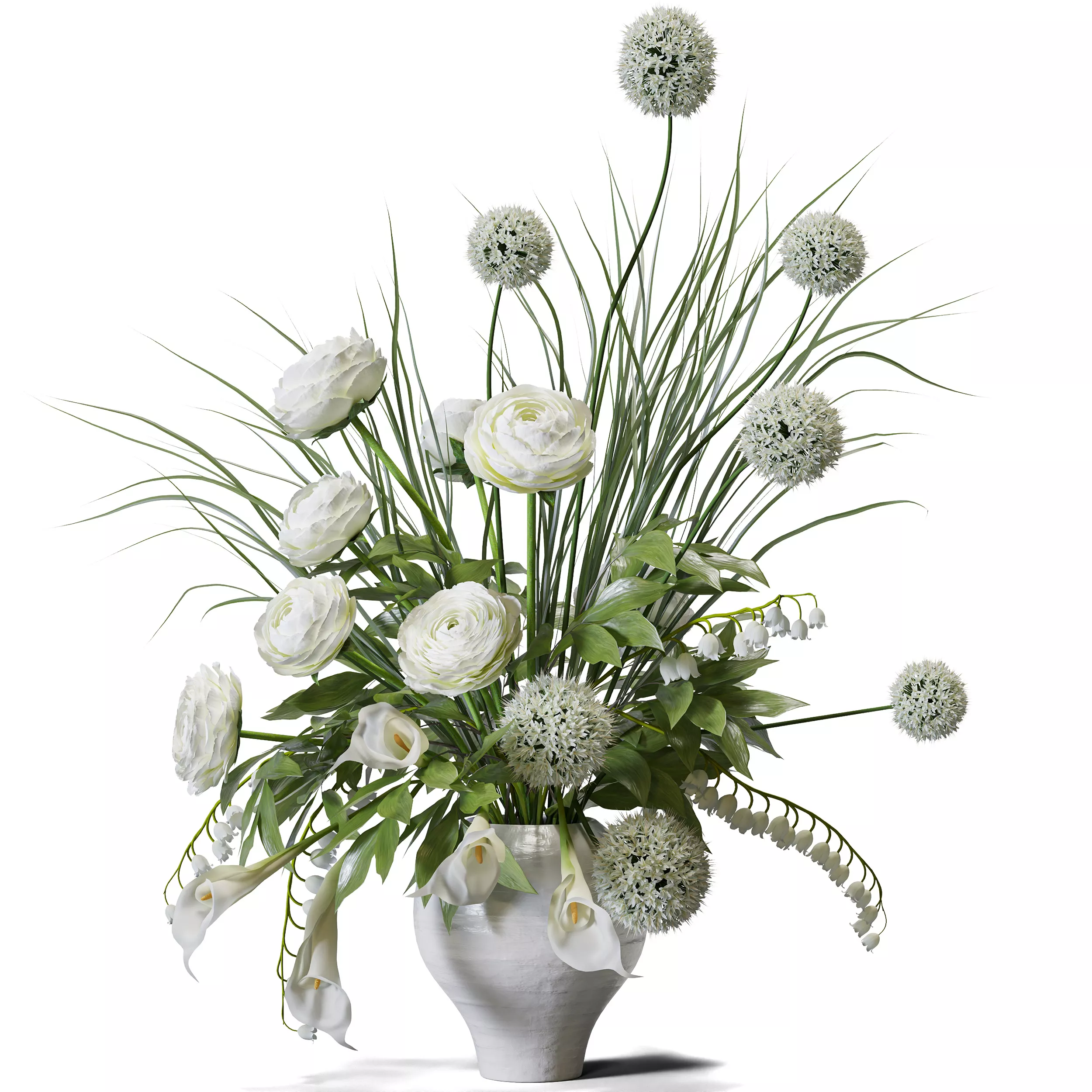 Flower Set 187 White Ranunculus Allium Bouquet Ceramic Vase 3D model