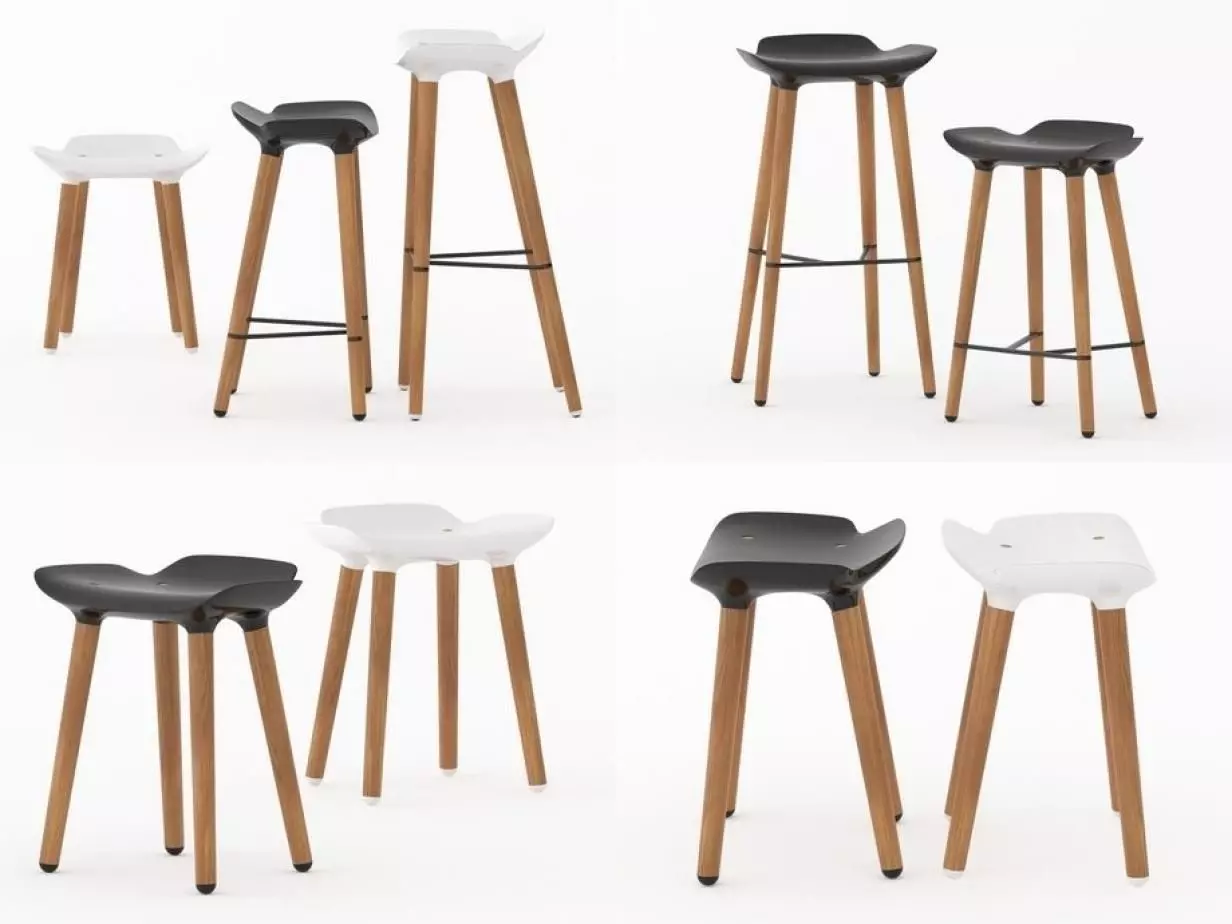 Pilot different stools with wooden legs 3D model_1