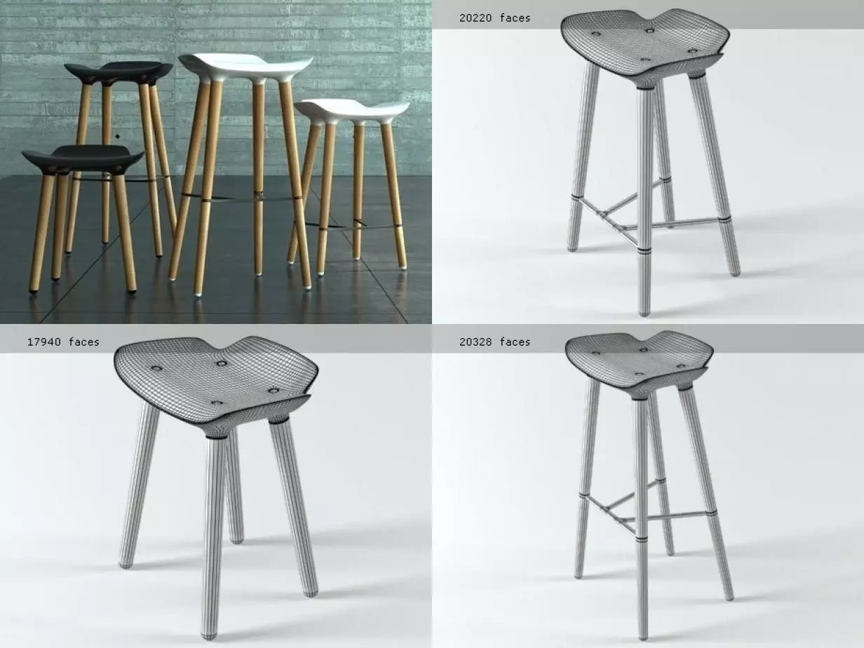 Pilot different stools with wooden legs 3D model_2