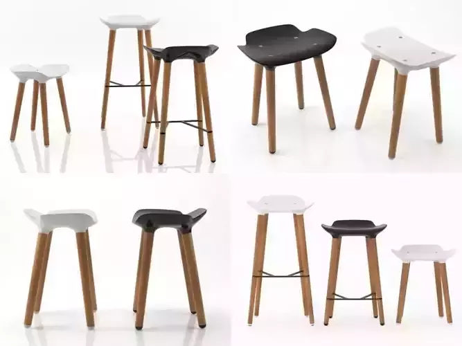 Pilot different stools with wooden legs 3D model