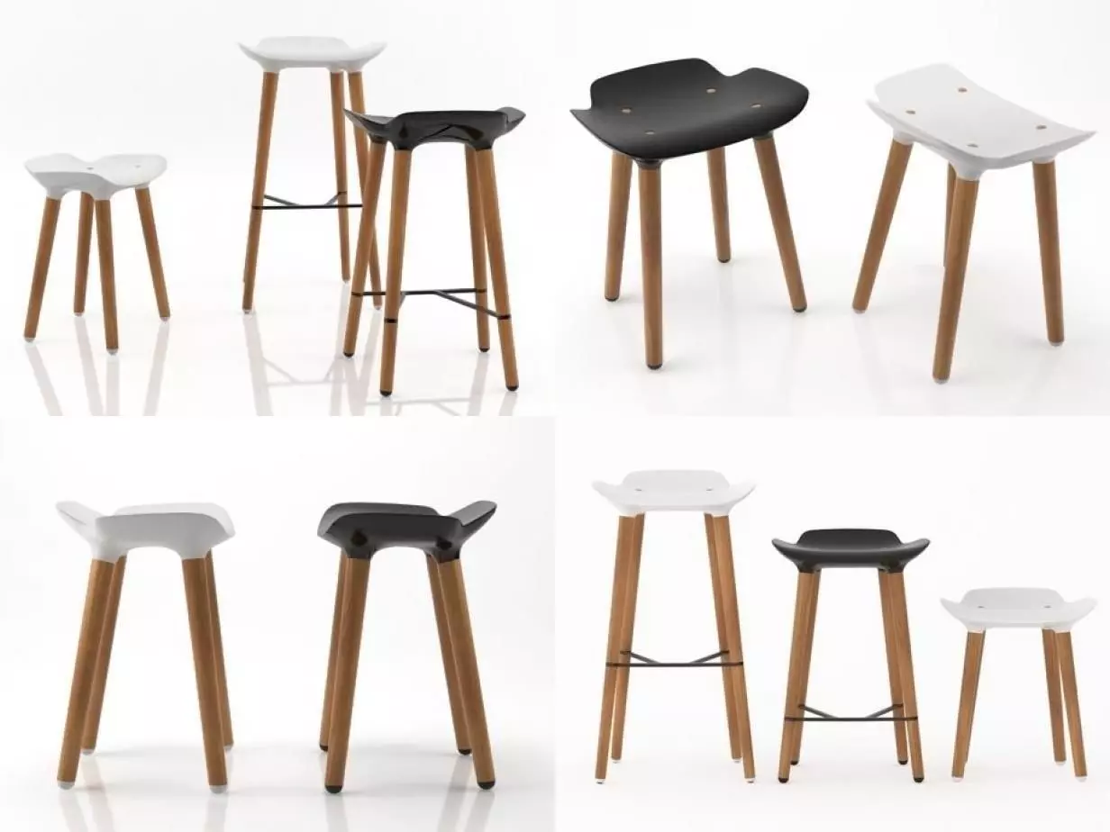 Pilot different stools with wooden legs 3D model_0