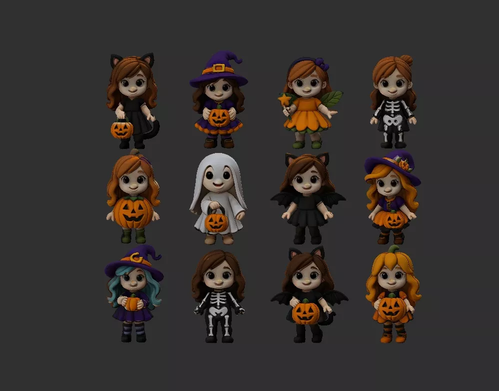 12 Cute Halloween Girl Characters 3D Collection of Holloween 3D print model