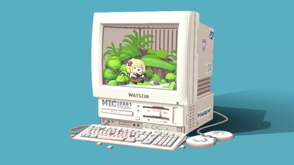 Retro 1990s CRT Computer with Keyboard and Mouse 3D Model Low-poly 3D model