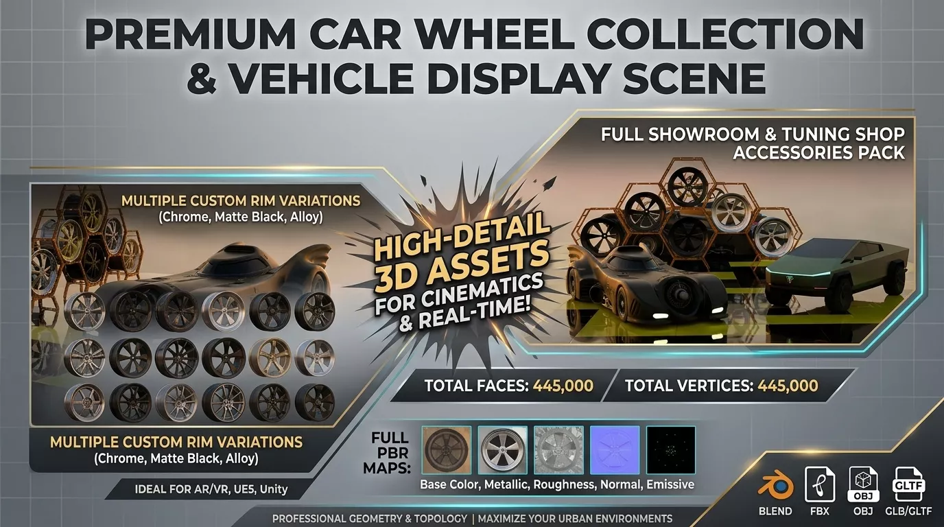 Custom Car Wheel Rims Collection with Batmobile Low-poly 3D model