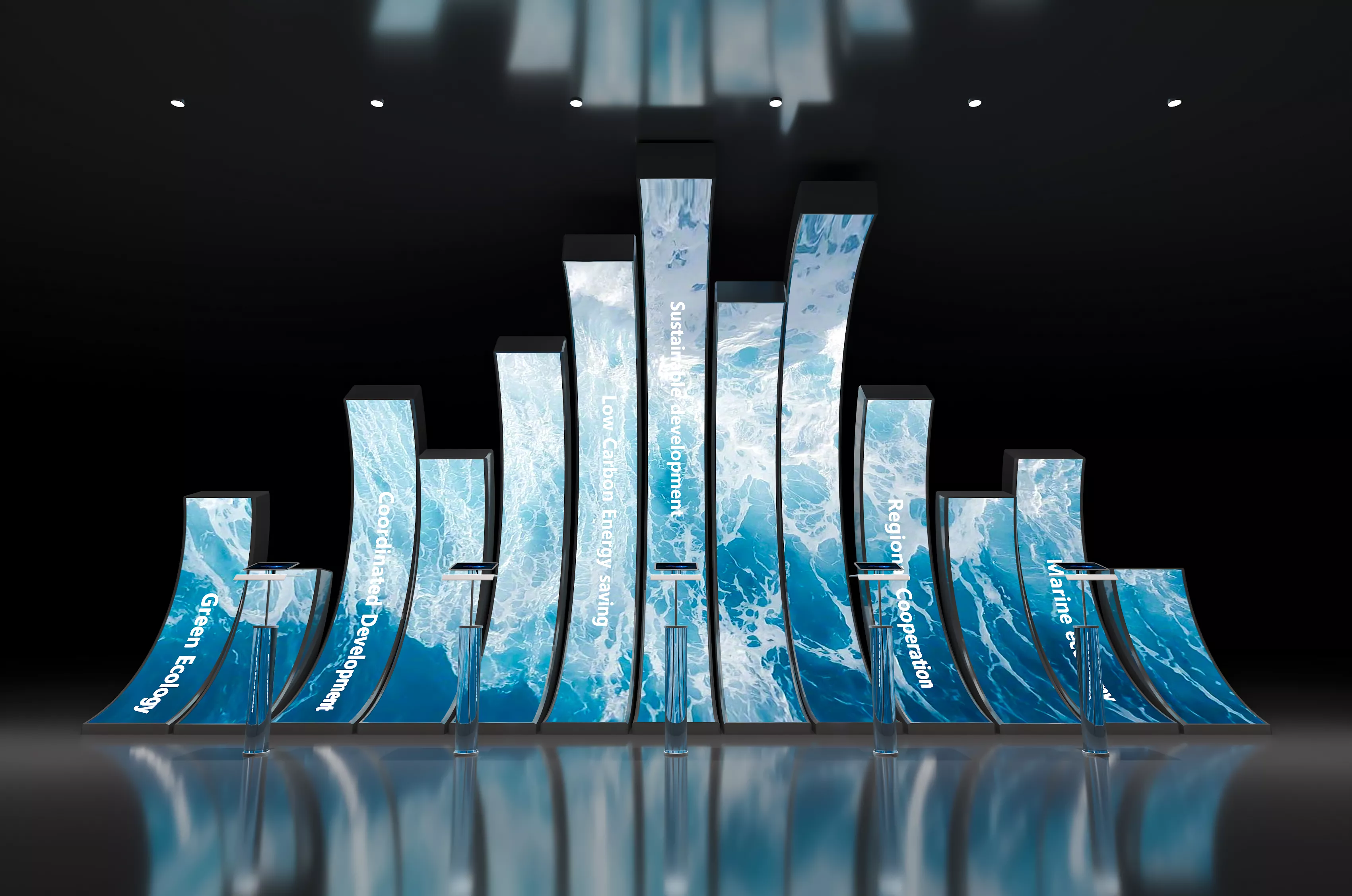 Wave shaped curved exhibition hall image wall 3D model