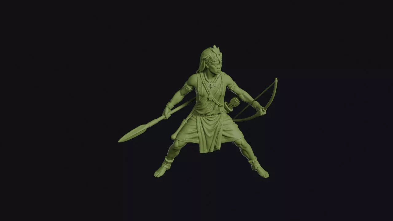 Rwandan Intore Warrior in a Wide Dance Stance with Spear and Bow 3D print model