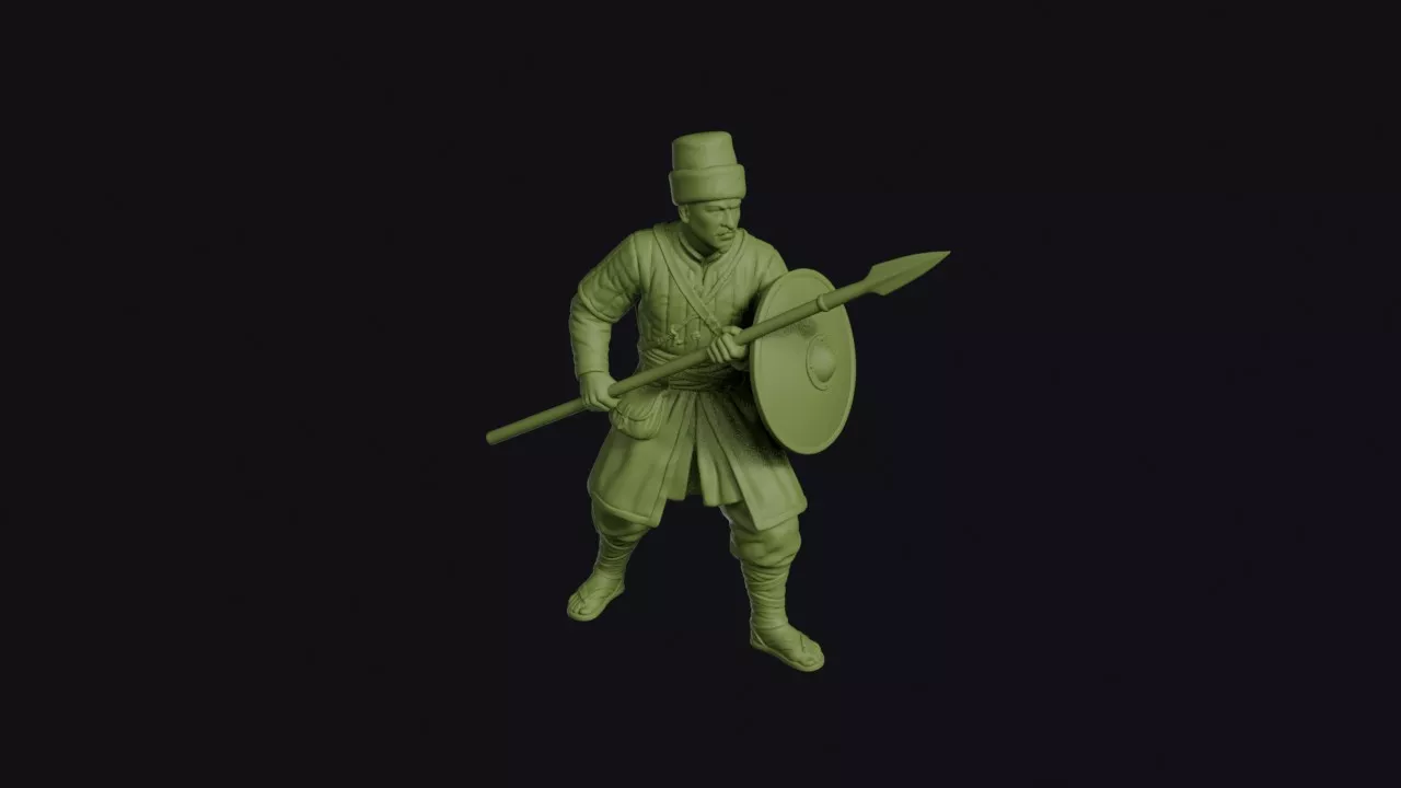 Ottoman Azab Infantryman Braced with Spear and Round Shield 3D print model