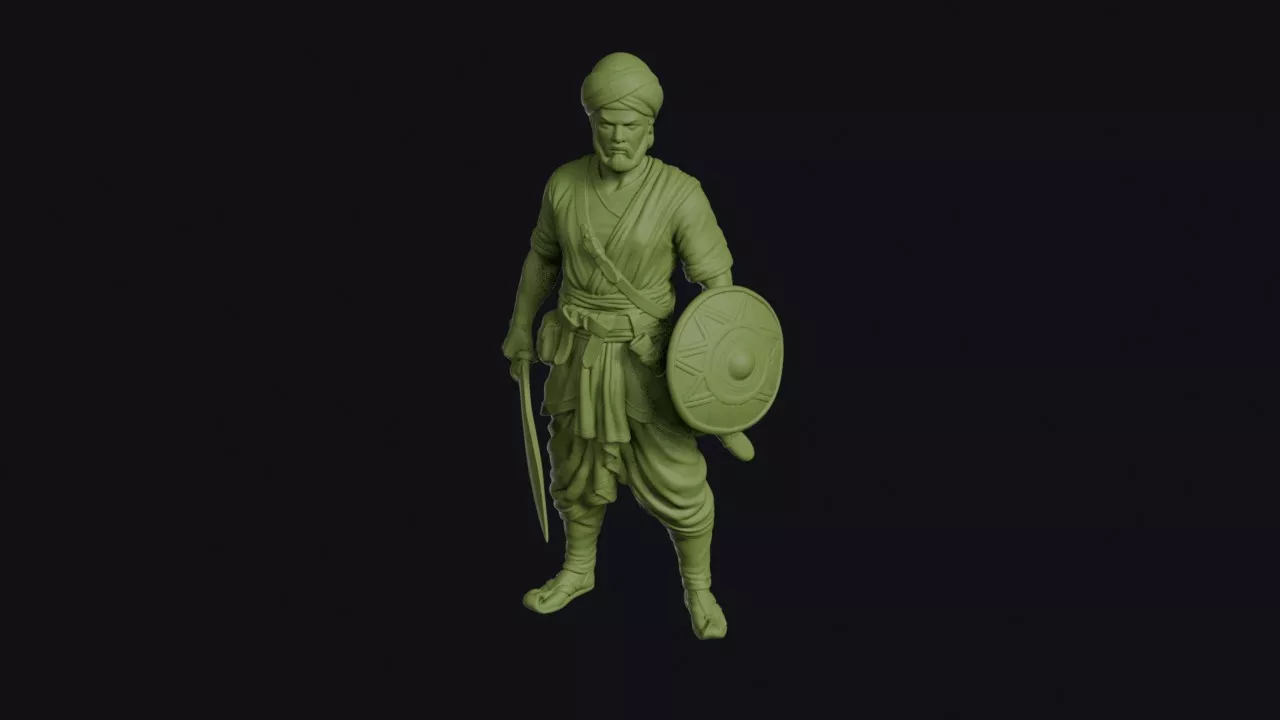 Malabar Warrior on Guard with Leaf-Bladed Sword and Buckler 3D print model