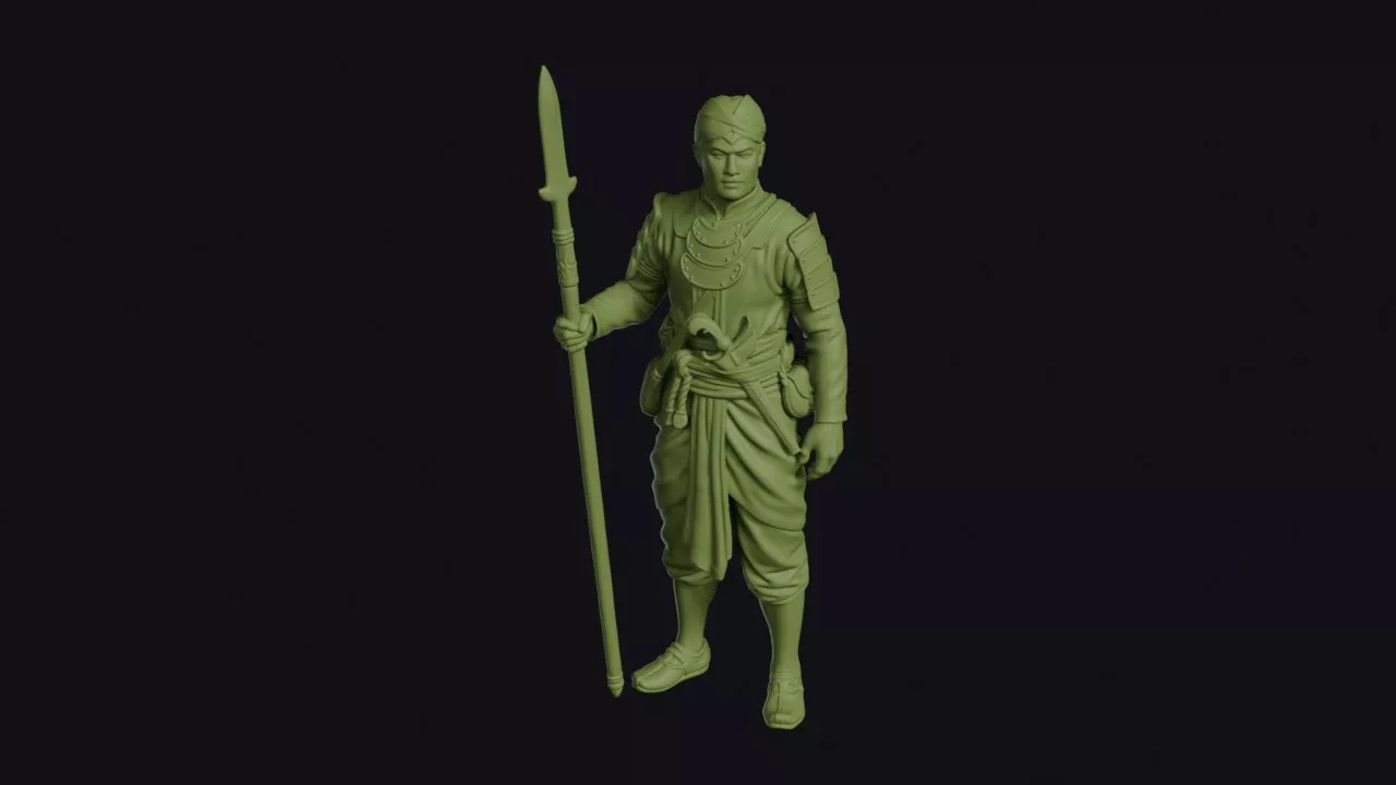 Majapahit Warrior Standing with Kris and Upright Spear 3D print model