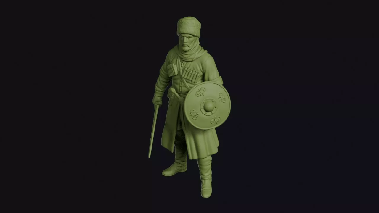 Georgian Highland Warrior on Guard with Sword and Round Shield 3D print model