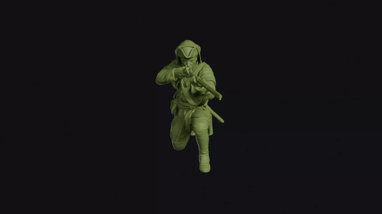 French Canadian Militiaman Kneeling to Fire in a Hooded Capote 3D print model