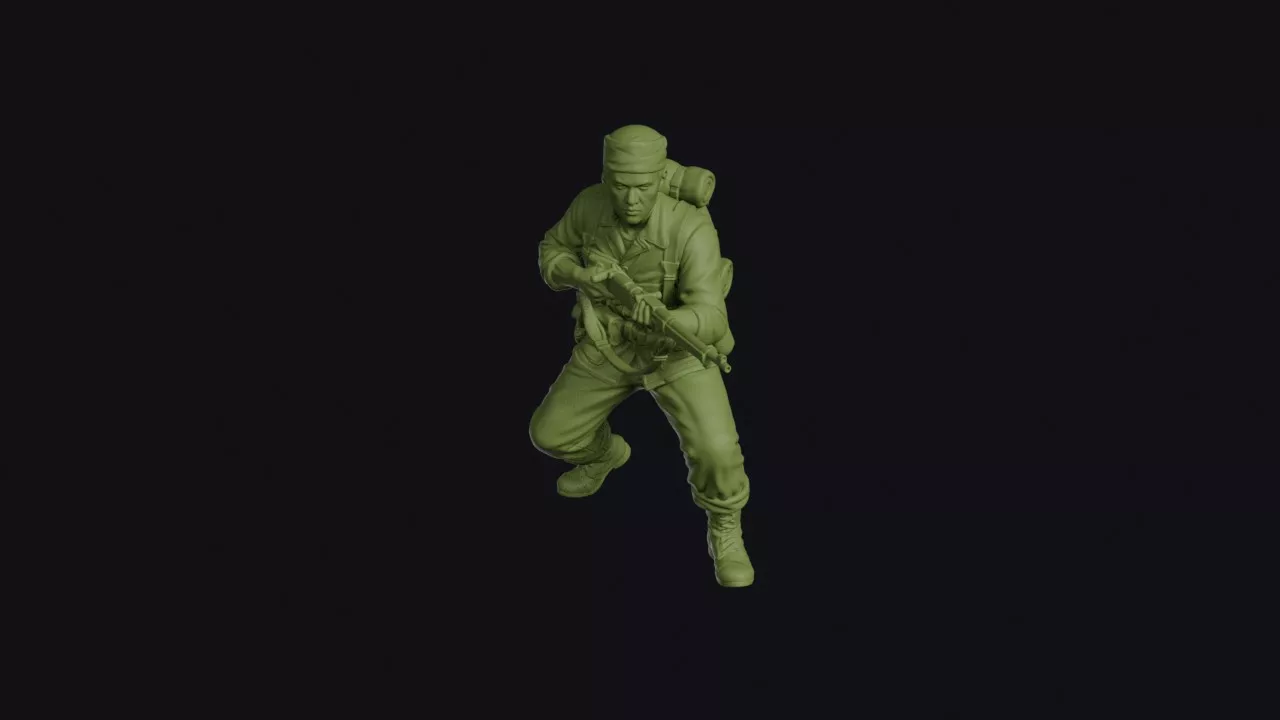 Filipino Guerrilla Crouched with Bolo Machete and Captured Rifle 3D print model