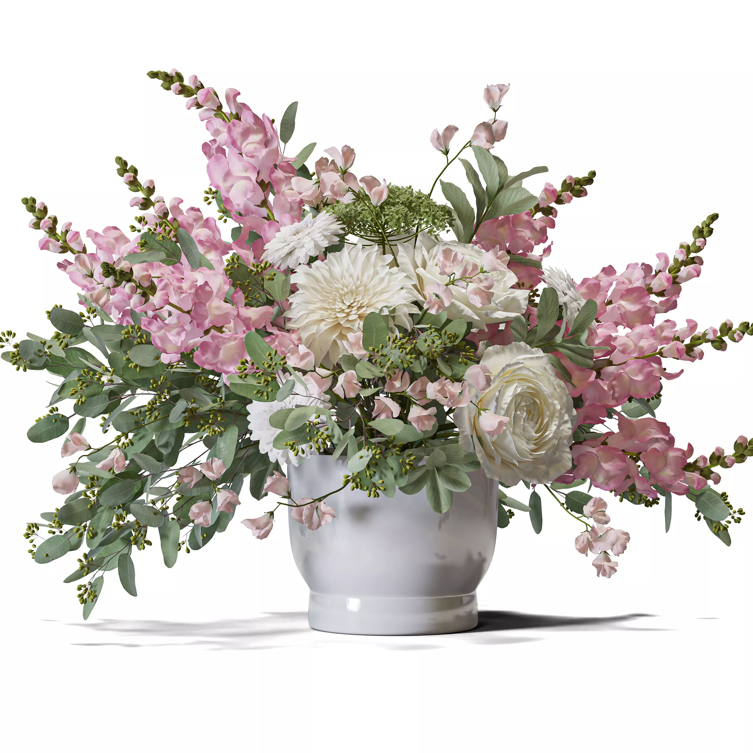 Flower Set 188 Pink Snapdragon White Dahlia Bouquet Ceramic Vase 3D model