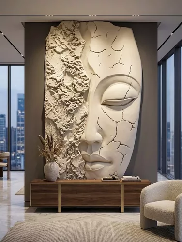 Surreal Cracked Stone Face Sculpture Relief STL MAX RLF