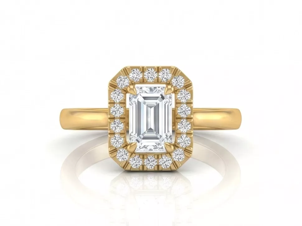 Emerald Cut Diamond Halo Ring 3D Model 18K Gold Jewelry CAD 3D print model