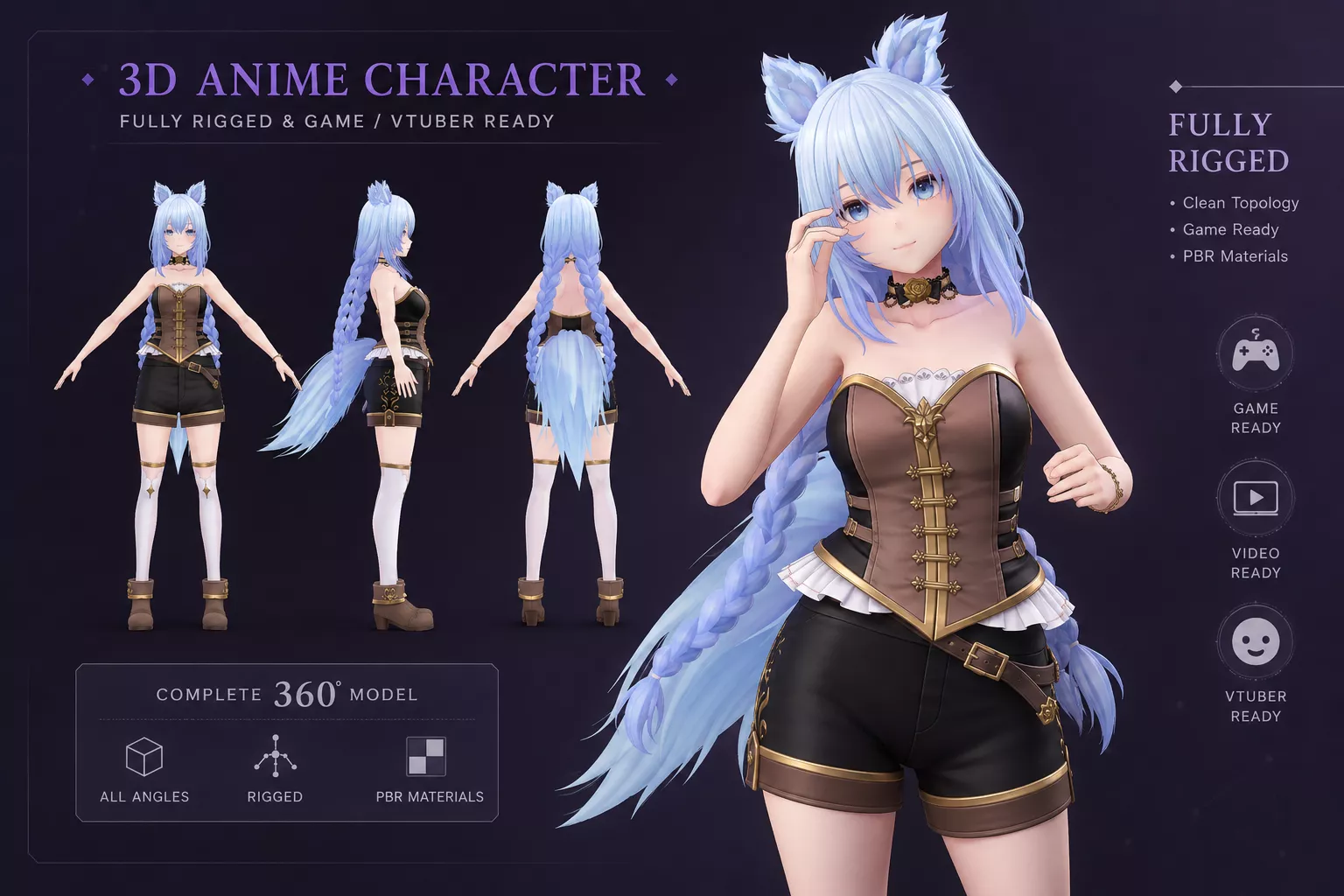 Anime Fox Girl 3D Character Fully Rigged Game VTuber Ready Low-poly 3D model