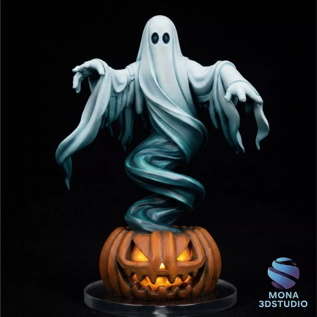 Spooky Ghost Emerging from Pumpkin Halloween 3D Print STL 3D print model