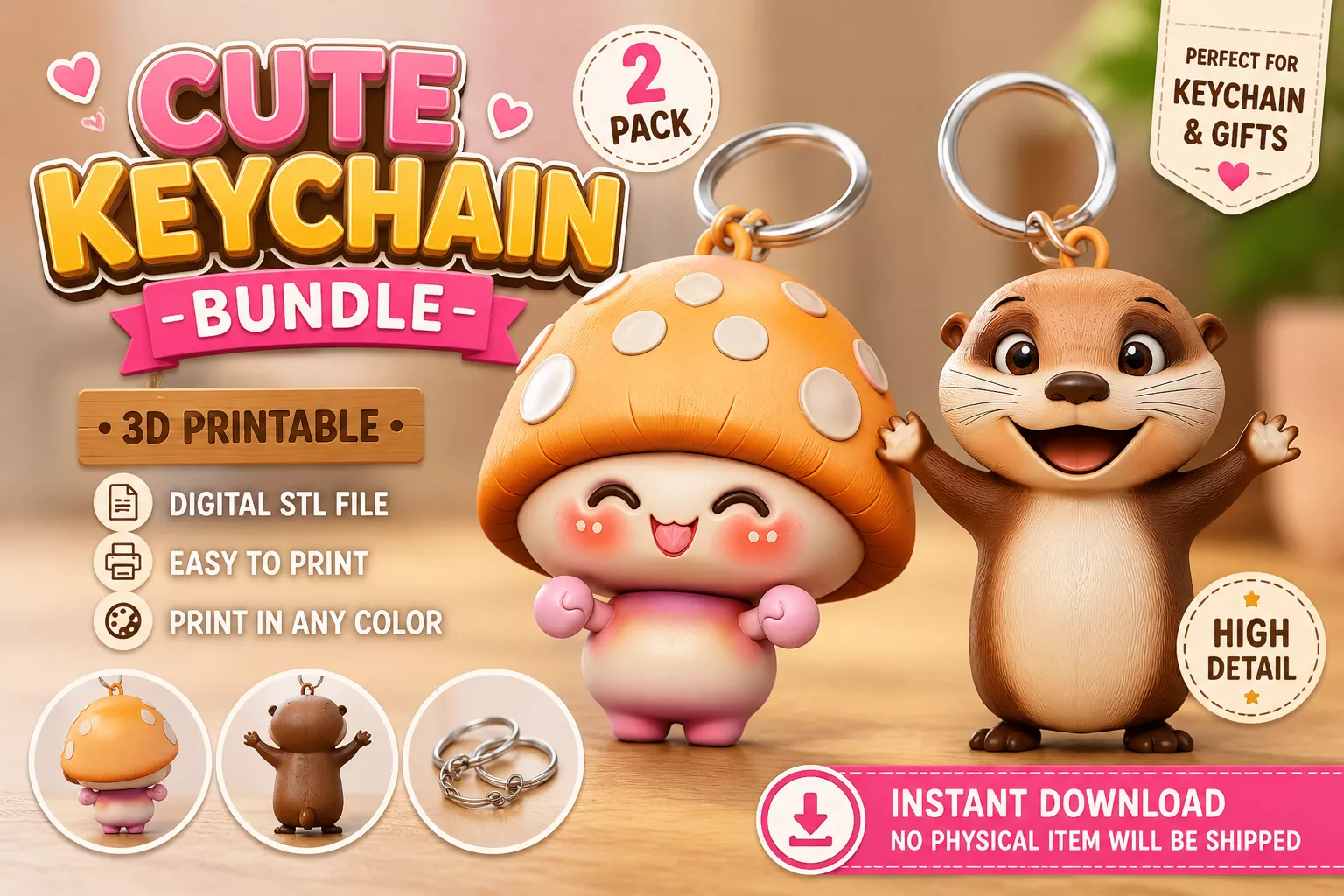 Cute Otter and Mushroom Keychain Bundle 3D Printable STL 3D print model
