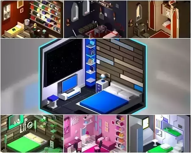 7 low poly bedrooms castle Low-poly 3D model