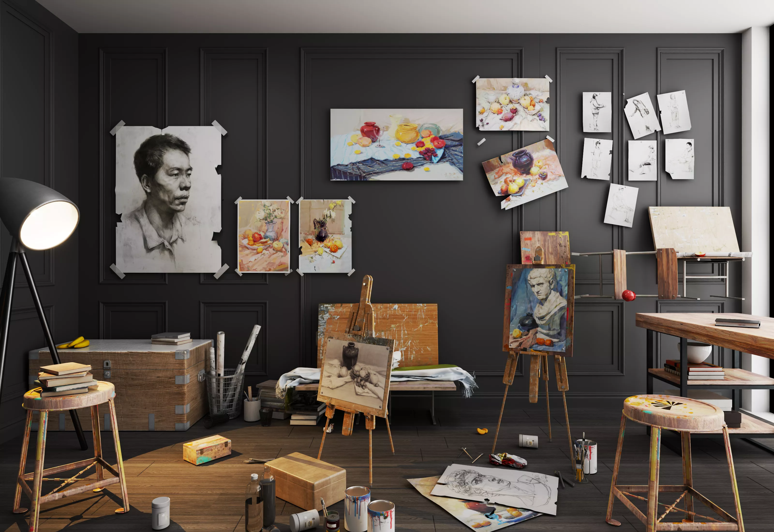 interior Art Studio Sketch Still Life Easel 3D model
