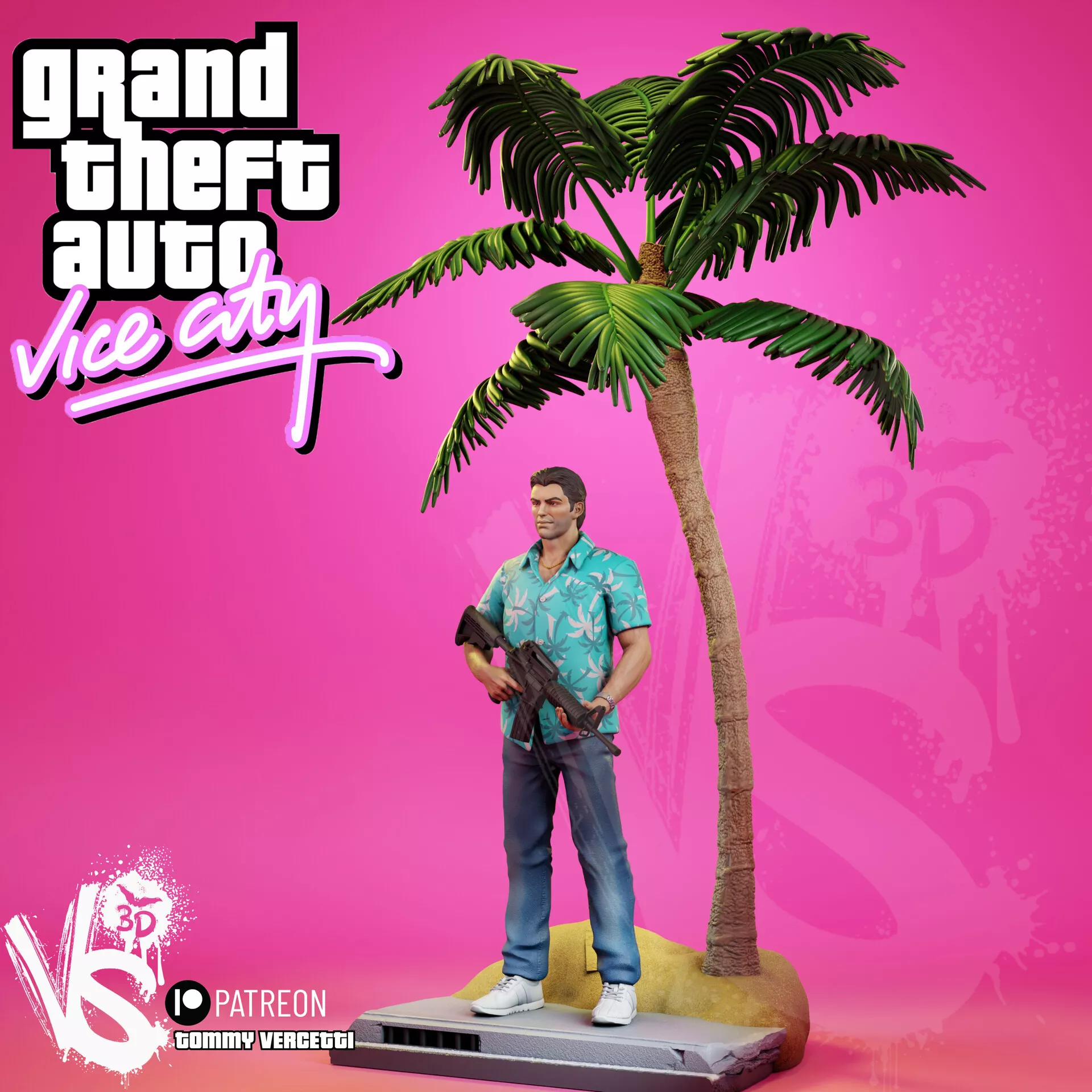 Tommy Vercetti Character Statue Gun Palm Tree GTA Vice City 3D print model