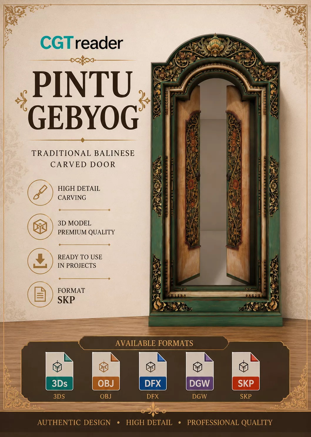 High Poly Gebyog Bali Luxury Ornamental Carved Wood Door3D Model Low-poly 3D model