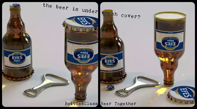 The beer is under which cover Bottle and glass beer is together Free 3D model