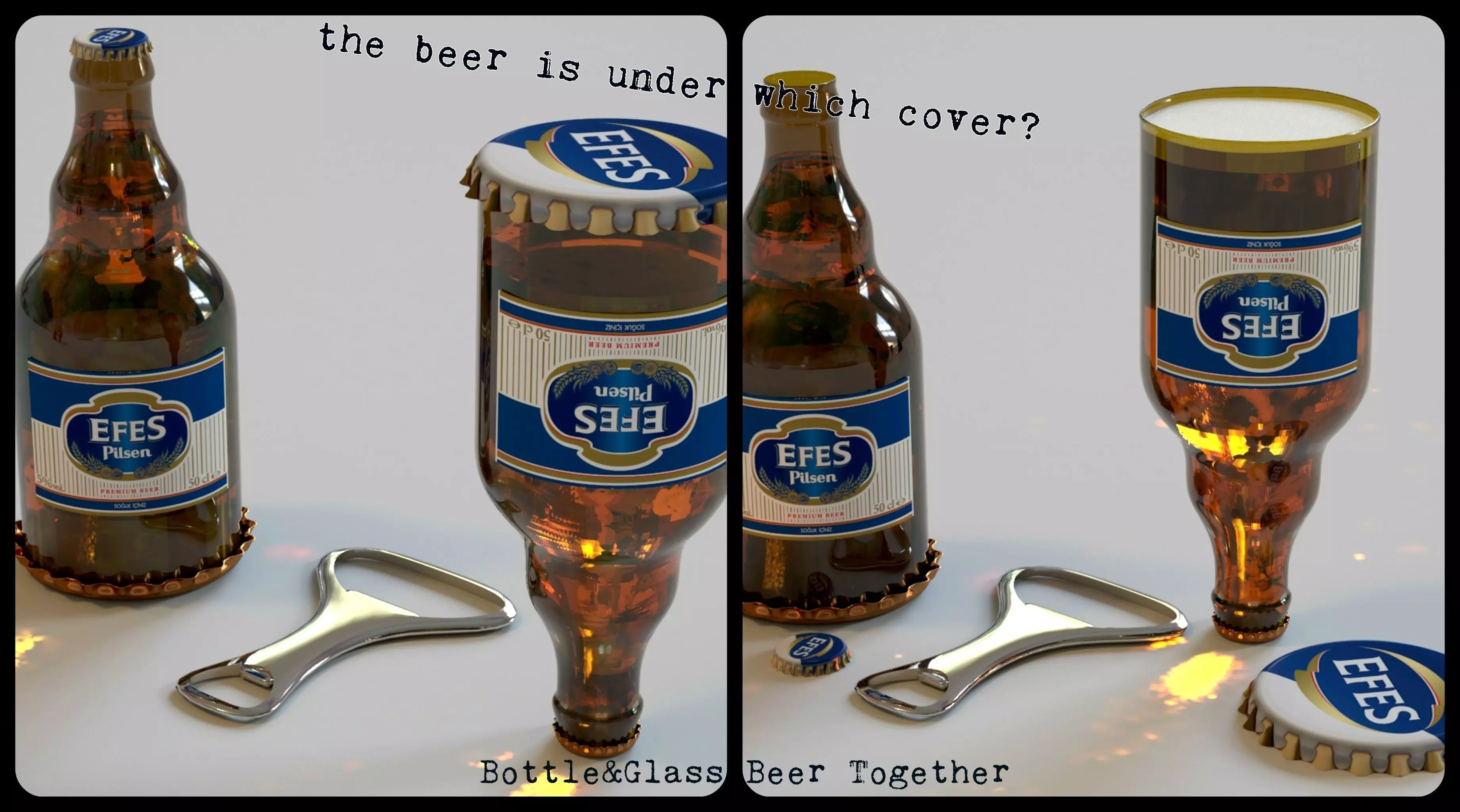 The beer is under which cover Bottle and glass beer is together Free 3D model_0