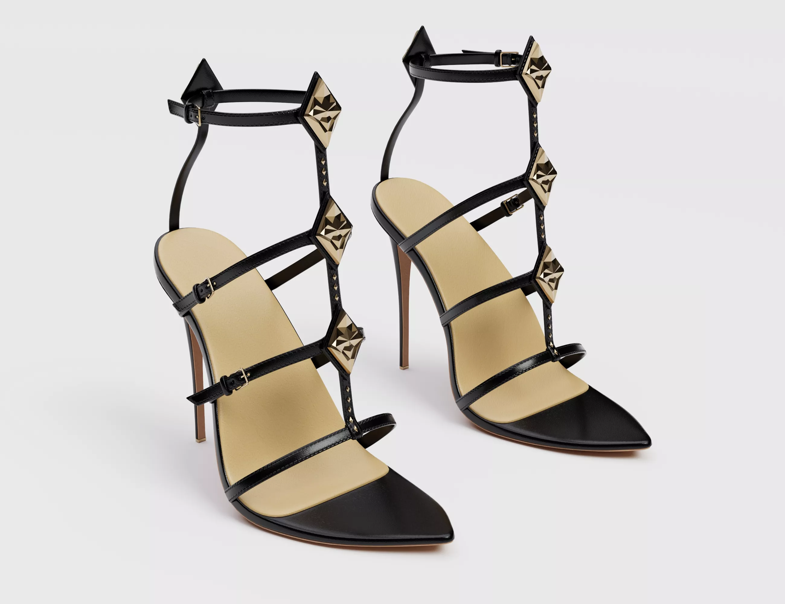 Strappy high heels with gold elements Low-poly 3D model