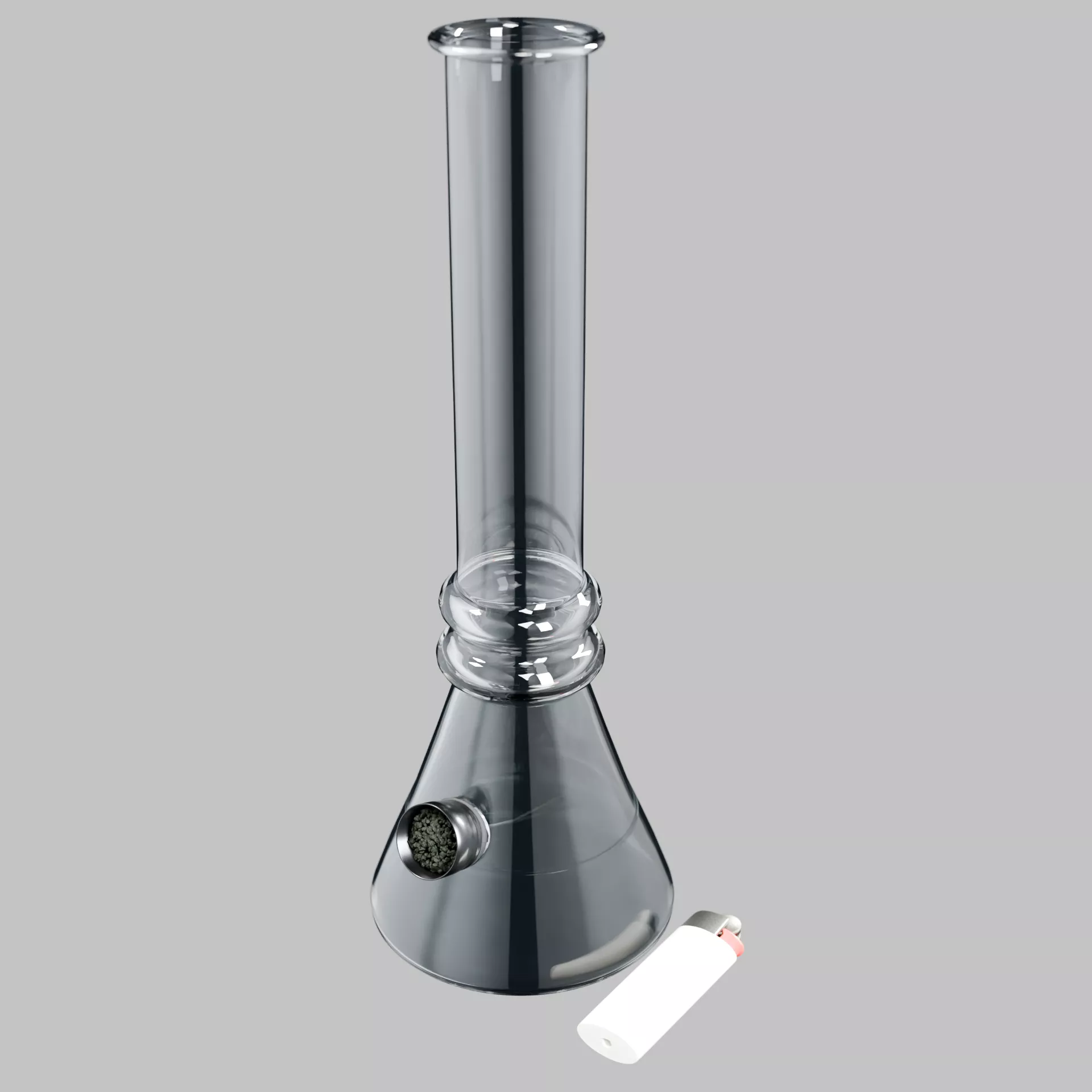 Realistic PBR Clear Glass Beaker Bong with Weed and Lighter 3D model