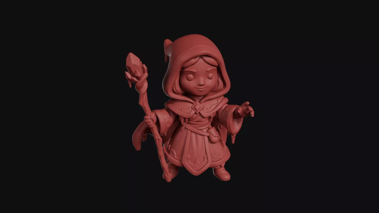 Hooded Young Witch With Staff 3D print model