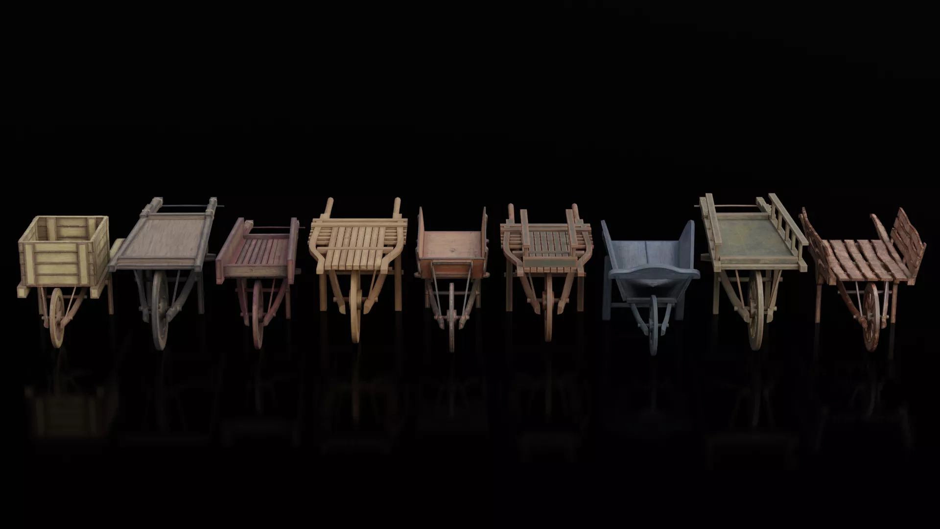 Medieval Wooden Hand Cart 02 Collection Low-poly 3D model