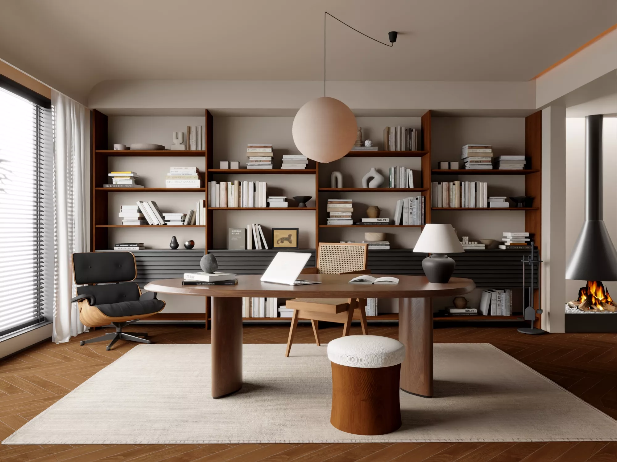 Modern Study with Bookshelf Low-poly 3D model