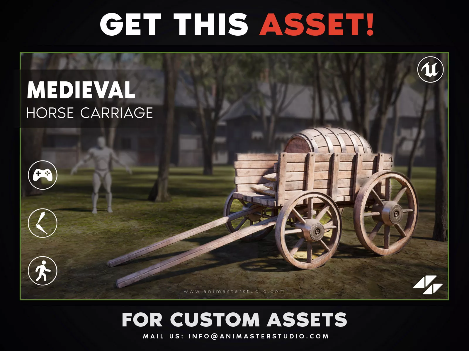 Medieval Wooden Barrel Cart - Rigged and Animated Low-poly 3D model