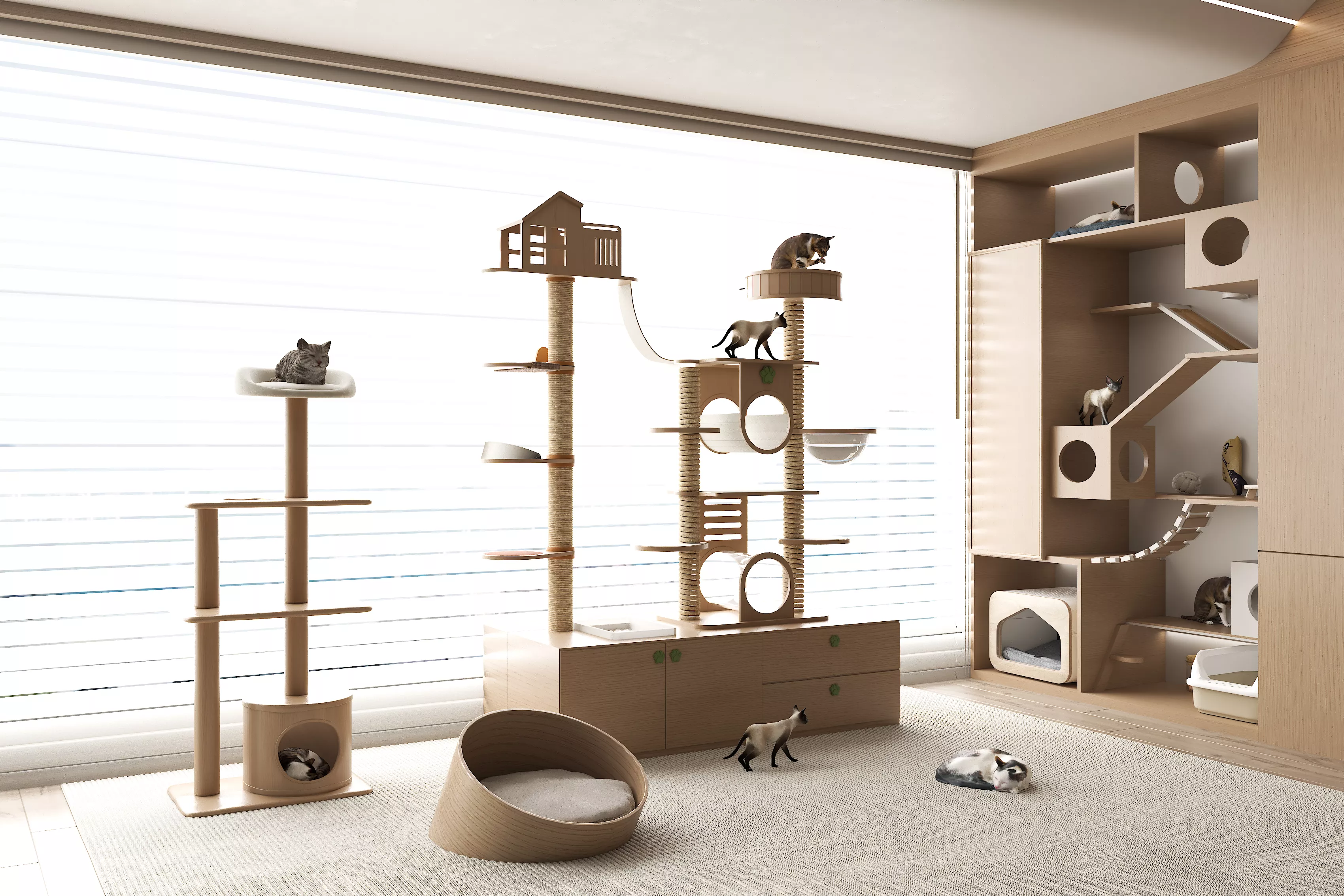 Combination solid wood cat climbing frame - storage cat cabinet 3D model