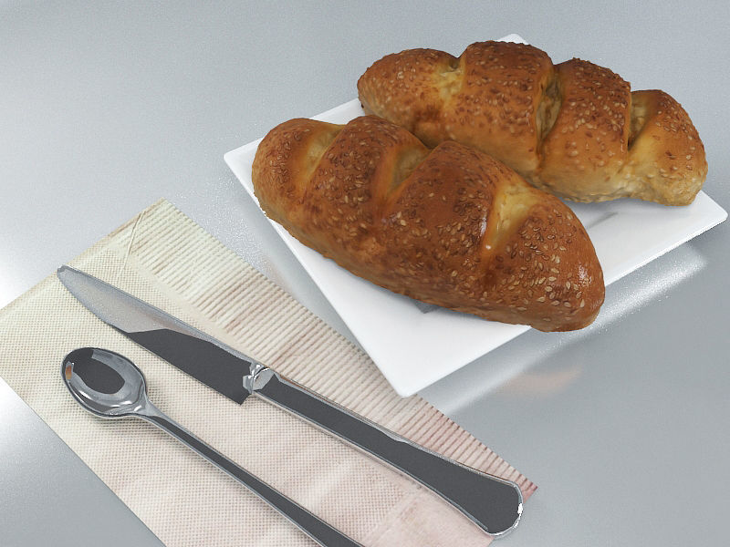 Breakfast Set - Seed Bread Low-poly 3D model_4