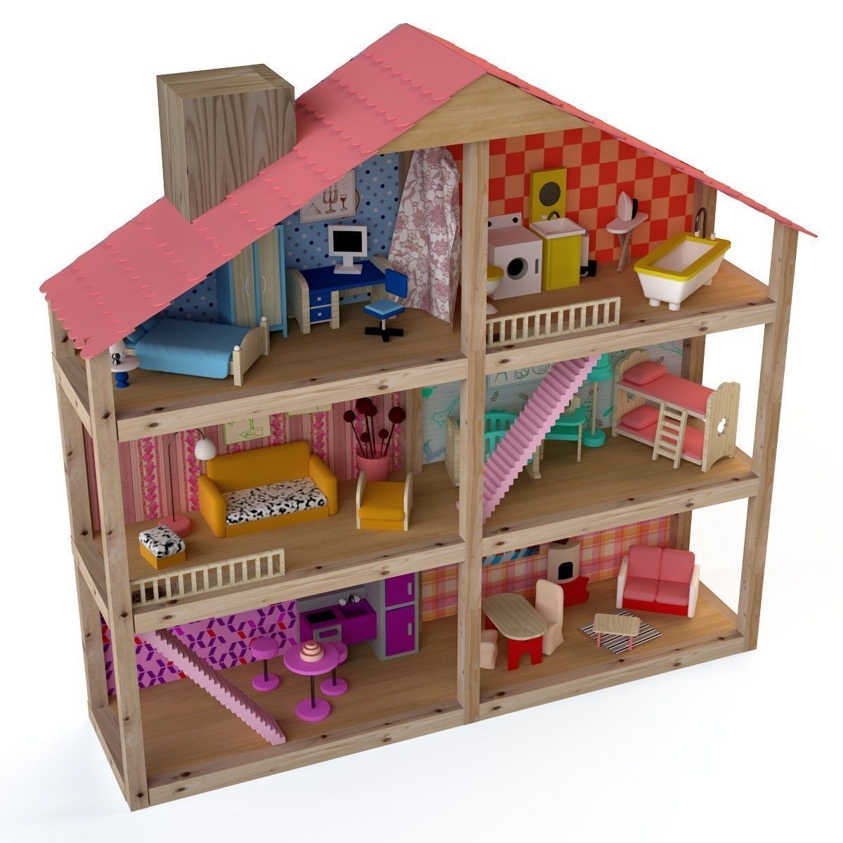 Wooden House for dolls Toy house 3D model_1
