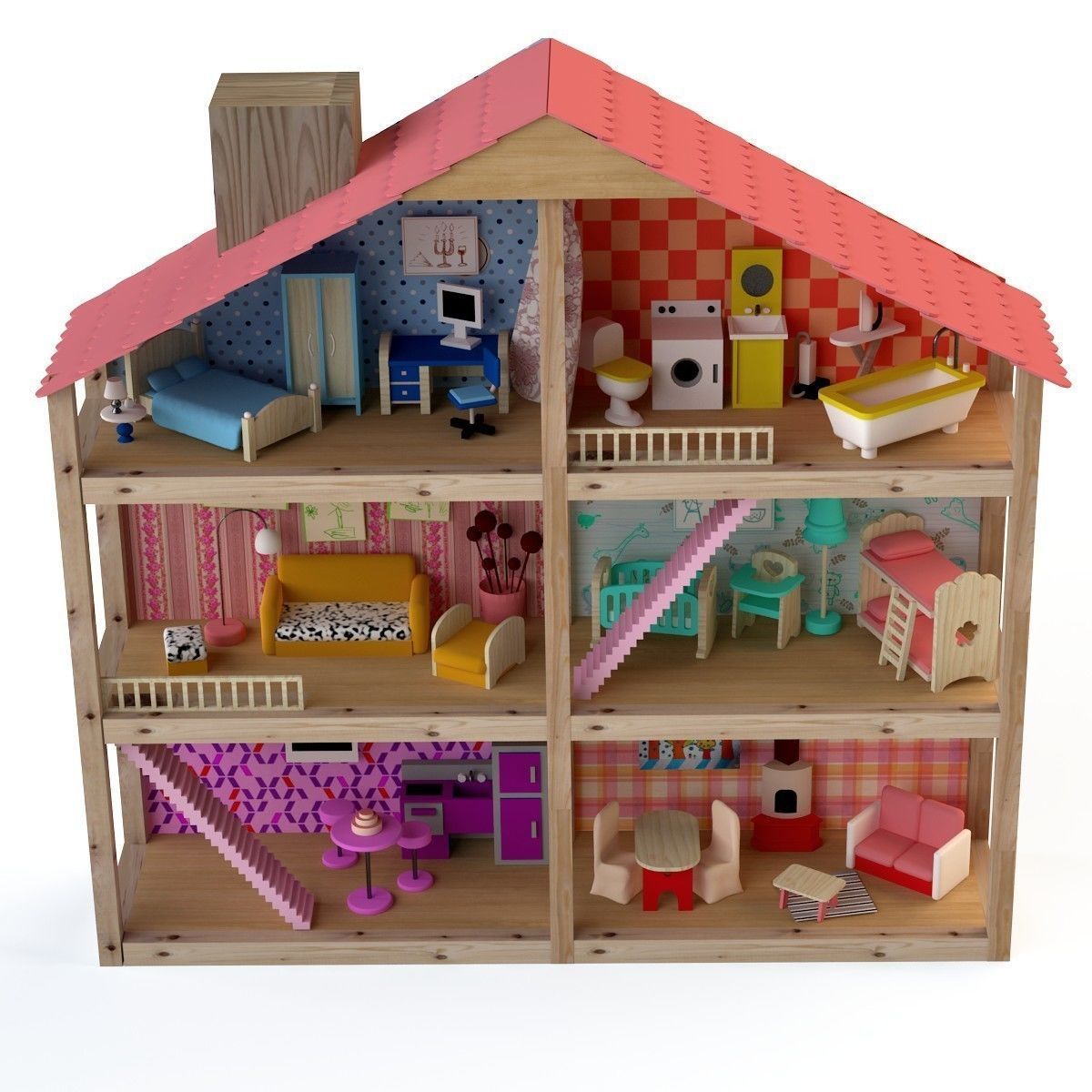 Wooden House for dolls Toy house 3D model_4