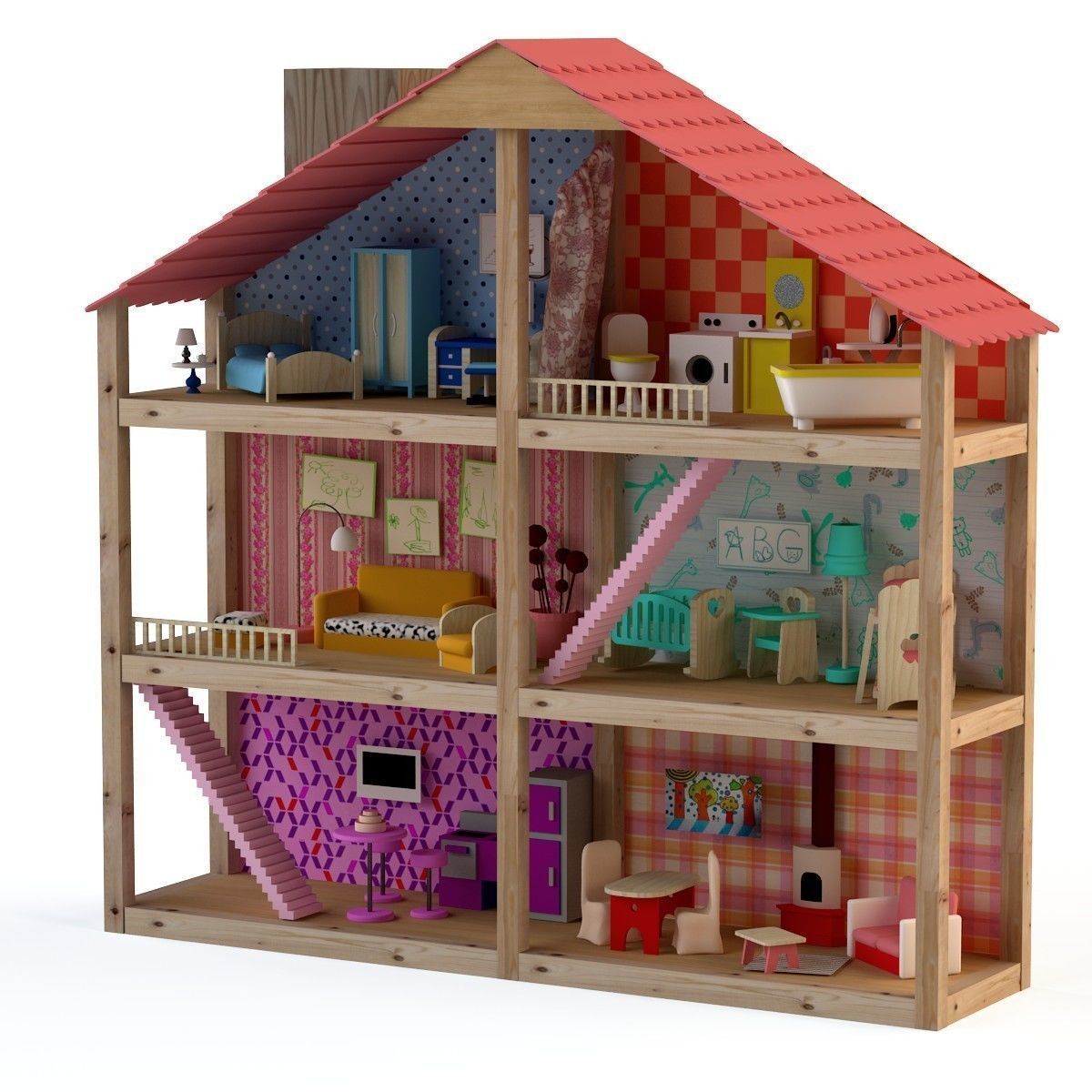 Wooden House for dolls Toy house 3D model_13