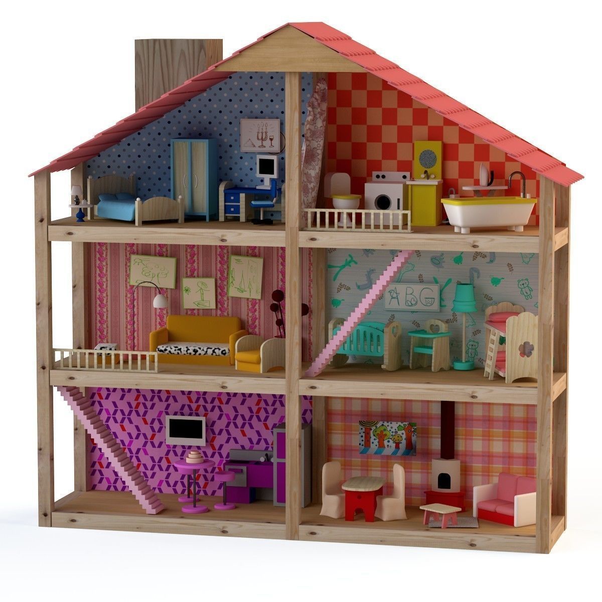 Wooden House for dolls Toy house 3D model_15