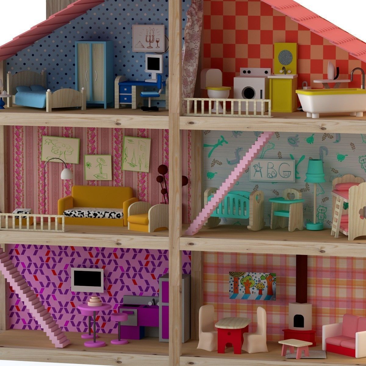 Wooden House for dolls Toy house 3D model_10