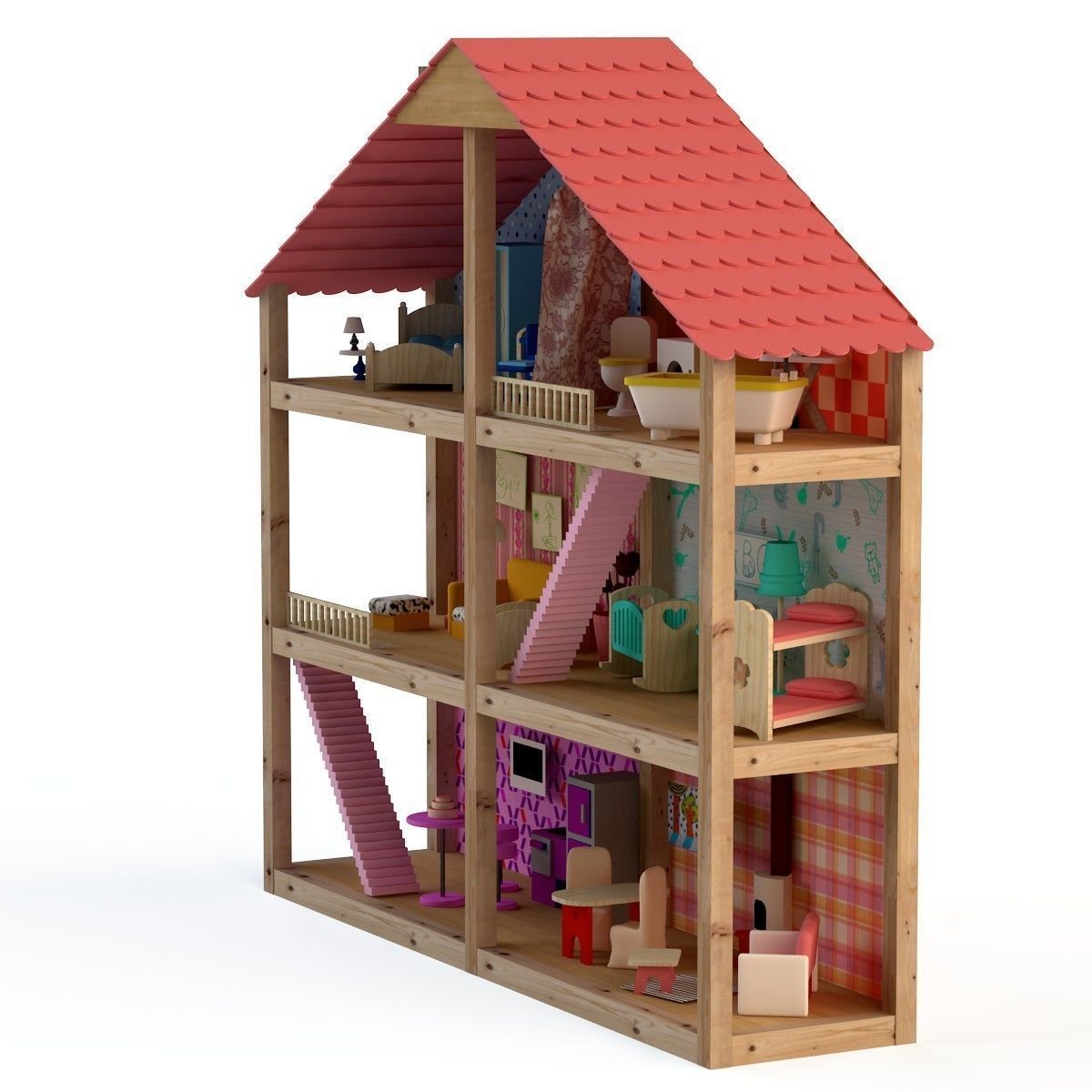 Wooden House for dolls Toy house 3D model_12